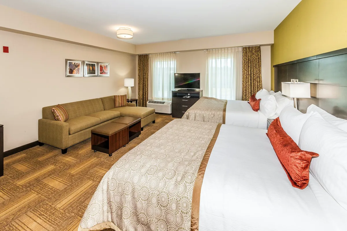 This image features two double beds with decorative pillows, a comfortable sofa adorned with cushions, a television unit, and large windows with curtains letting in ample natural light. The arrangement creates an inviting open-plan space that clearly showcases both the sleeping and living areas.